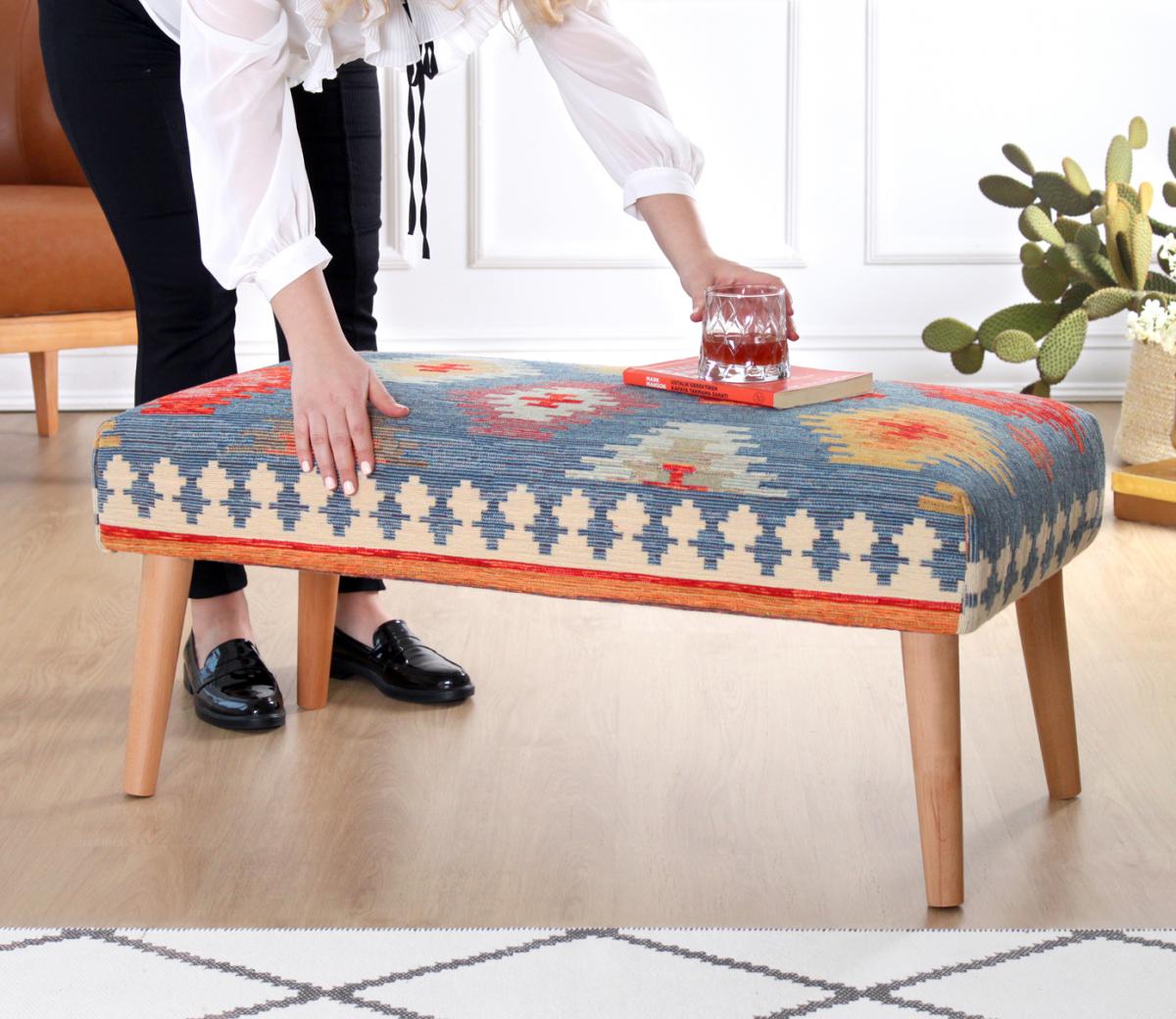 Beshir Kilim Bench Puf - Mavi